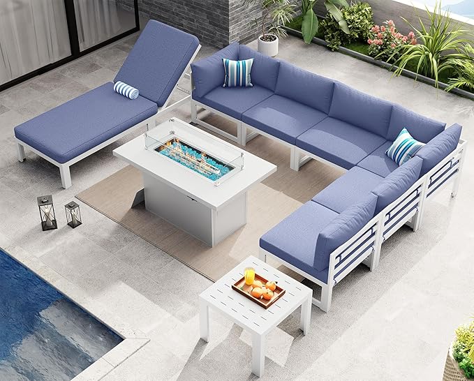 NICESOUL 9 Piece Modern Aluminum Outdoor Patio Furniture Set with Lounge & Fire Pit Table, Large All-Weather Modular Sectional Couch, 29" Wide Deep Seating Conversation Sofa for Poolside, Denim Blue