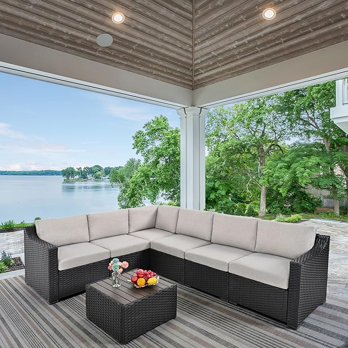 HAPPATIO 7 Piece Patio Conversation Set,Rattan Wicker Outdoor Sectional Sofa,All-Weather Patio Furniture Set,Multiple Combination Sofa. Patio sectional Set for Patio and Balcony.(Brown/Gray)