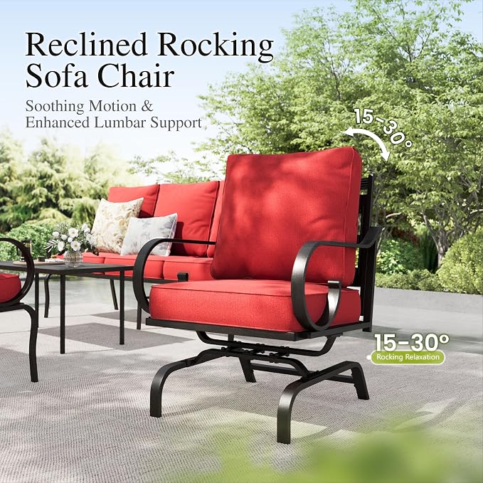 Sophia & William Patio Conversation Set for 7, 3-Seater Sofa, 4 Rocking Chairs and a Coffee Table, Metal Outdoor Furniture with 5.75" Extra Thick Cushions, Red