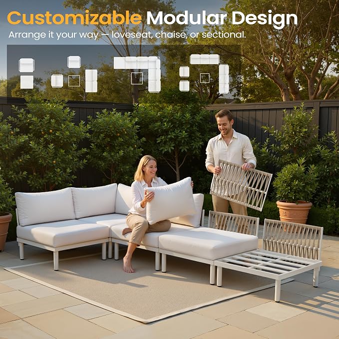 7-Piece Aluminum Modern Outdoor Sectional Sofa with Coffee Table - Weather-Resistant 31" Deep Seating Patio Conversation Set, 5.1" Thick Removable Cushions for Deck, Porch & Backyard, Beige