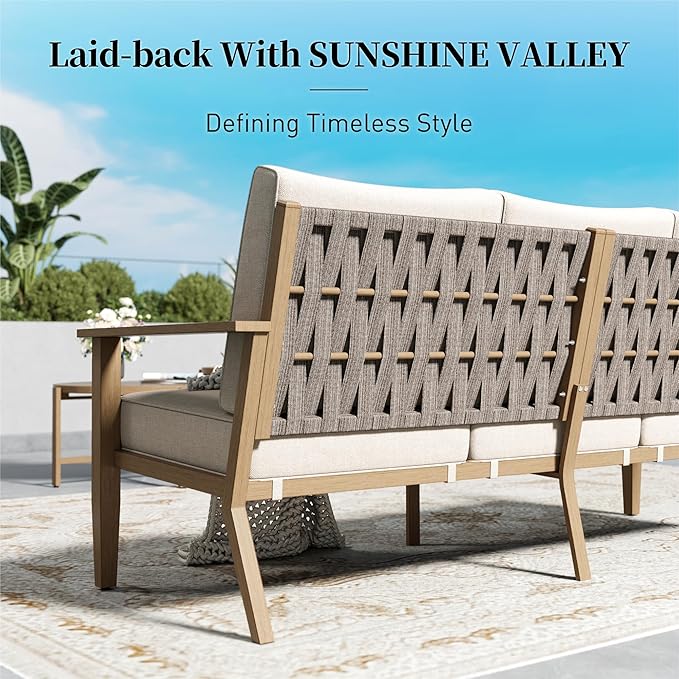 Patio Conversation Set,5 Pcs Metal Outdoor Furniture with 3-Seater Sofa,2 Single Chairs,Metal Nested Table and 5.75" Extra Thick Cushion for Lawn Garden Backyard,Beige