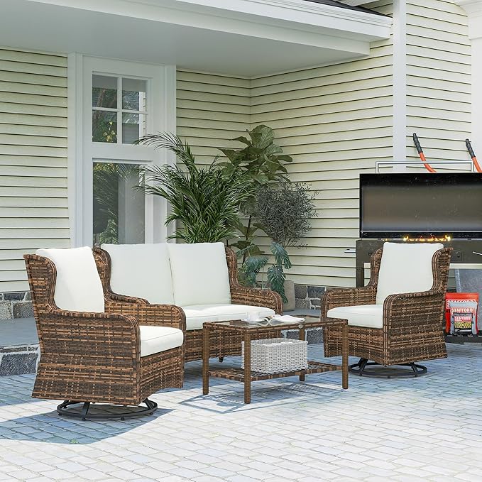 Outsunny 4 Piece PE Rattan Outdoor Patio Furniture Set, Wicker Conversation Set with 2 Swivel Glider Chairs, 2-Tier Glass Table and Loveseat for Garden, Patio, Poolside, Cream White