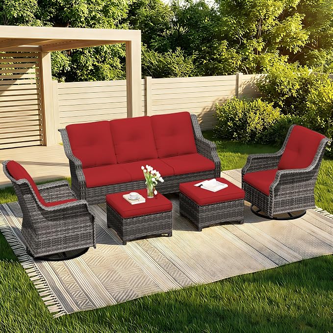 5 Pieces Patio Furniture Set, Outdoor Furniture Set with 2 Patio Swivel Rocking Chairs, 2 PE Rattan Ottoman, 1 Outdoor Wicker Sofa with Thick Cushions, Ideal for Backyard, Garden, Poolside, Red