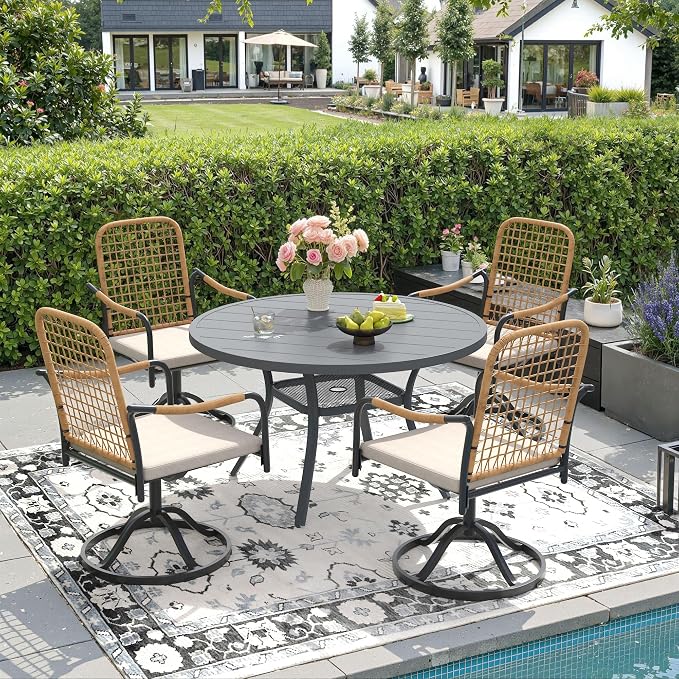 DIFY 5 Pieces Outdoor Dining Set for 4, 40.6" Round Dining Table with Umbrella Hole & Wicker Swivel Patio Chairs with Cushions, Metal Patio Table and Chairs Set for Backyard Porch Garden, Grey