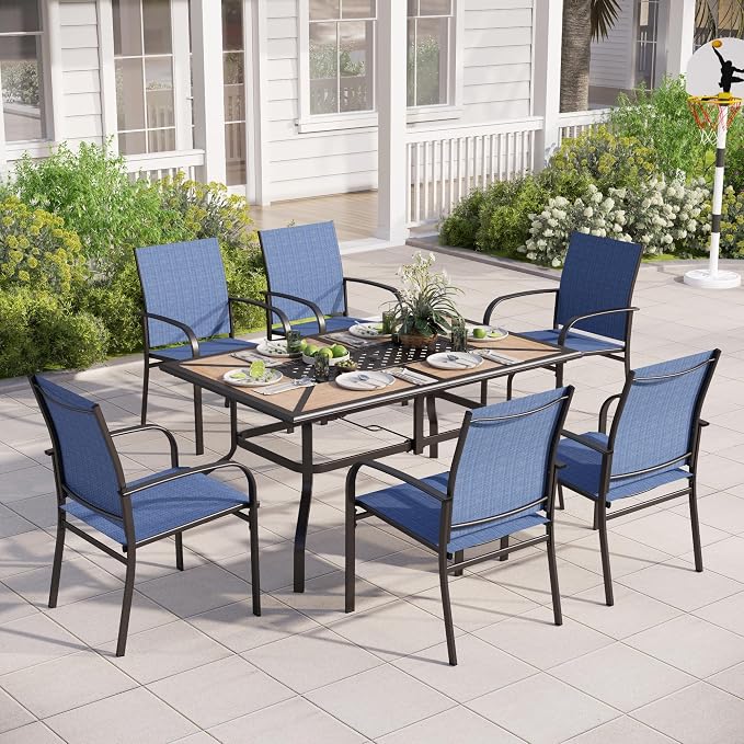 MIXPATIO Outdoor Patio Dining Set 7 Piece Furniture Set with 6 Blue Textilene Chairs and Wood-Like Table Top Rectangular Table for Deck Garden Backyard Lawn Poolside