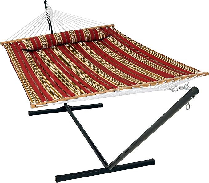 Sunnydaze Quilted Double Hammock with Stand for Outside - 350-Pound Capacity 2-Person Hammock with Stand - 12-Foot Stand - Red Stripe