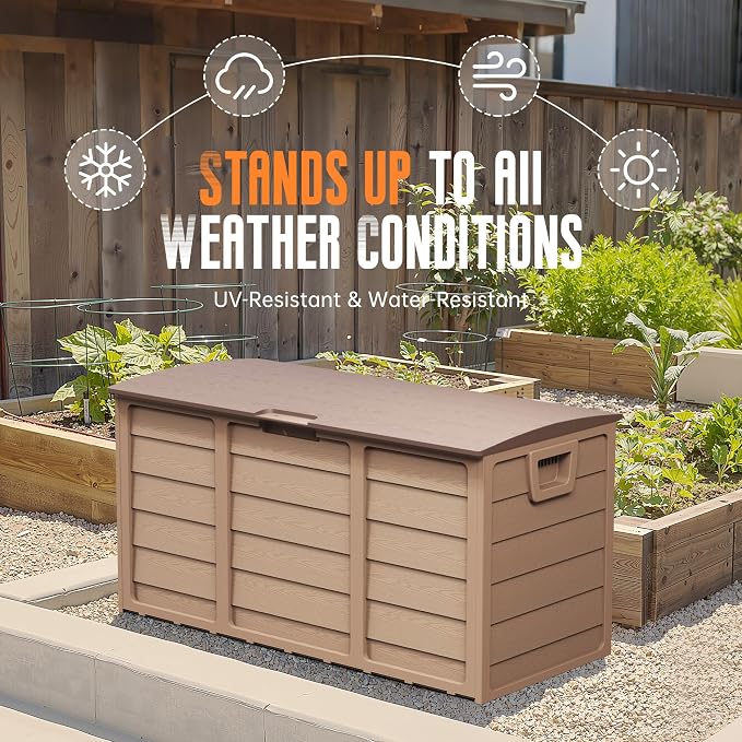 Crownland Outdoor 75 Gallon Storage Deck Box, Weatherproof Woodgrain Patio Storage Box for Balcony, Garden, Backyard (Light Brown)