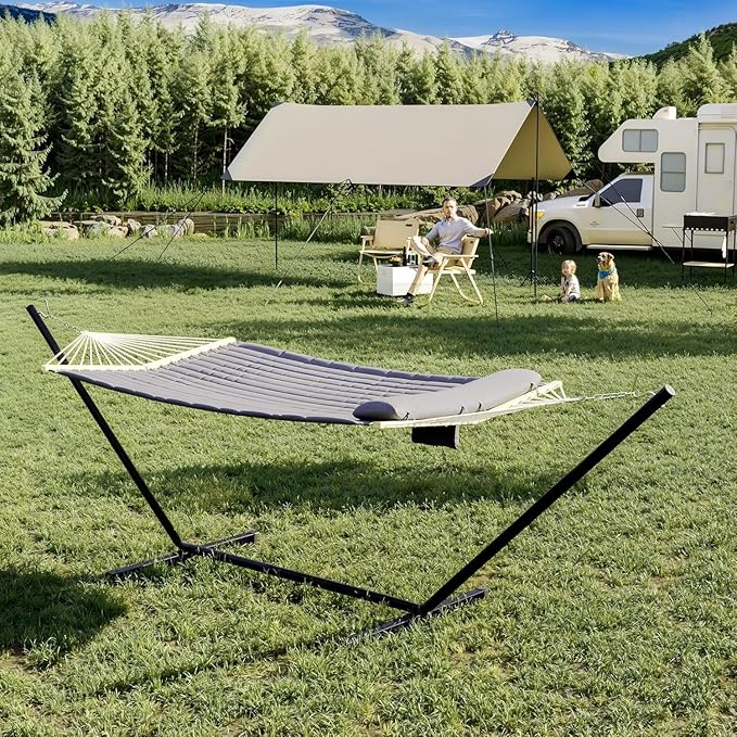 2-Person Hammock with Stand, 450lbs Capacity, Padded Polyester, Heavy-Duty Steel Frame, Portable Carry Bag for Patio, Backyard & Poolside