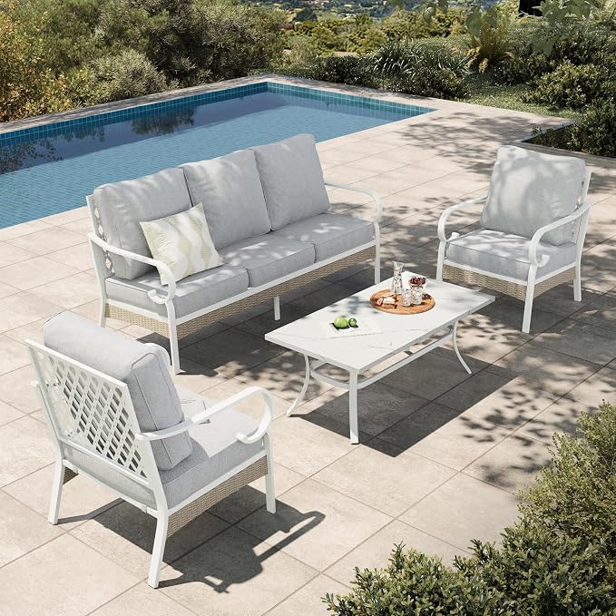 HERA'S HOUSE 4-Piece Patio Furniture Set with Metal & Rattan Design, Includes 2 Fixed Chairs, 3-Seat Sofa & Marble Coffee Table, All-Weather Outdoor Conversation Set for Garden Backyard, Grey