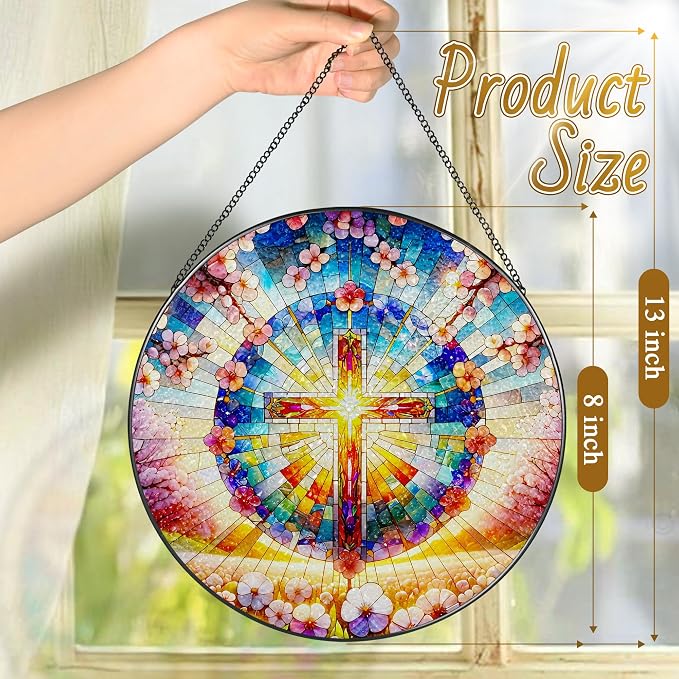8 Inches Cross Stained Glass Suncatcher, Stained Glass Window Hanging, Spiritual Sun Catcher, Cross Ornament Gift, Christian Home Decor, Christian Gifts, Religious Gifts, Gift for Christmas