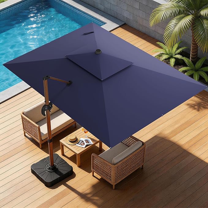 10x13FT Cantilever Outdoor Patio Umbrellas, Double Top Wood Pattern Rectangle Umbrella, Heavy Duty 360°Rotation Offset Umbrella for Garden Deck Pool Patio, Navy Blue