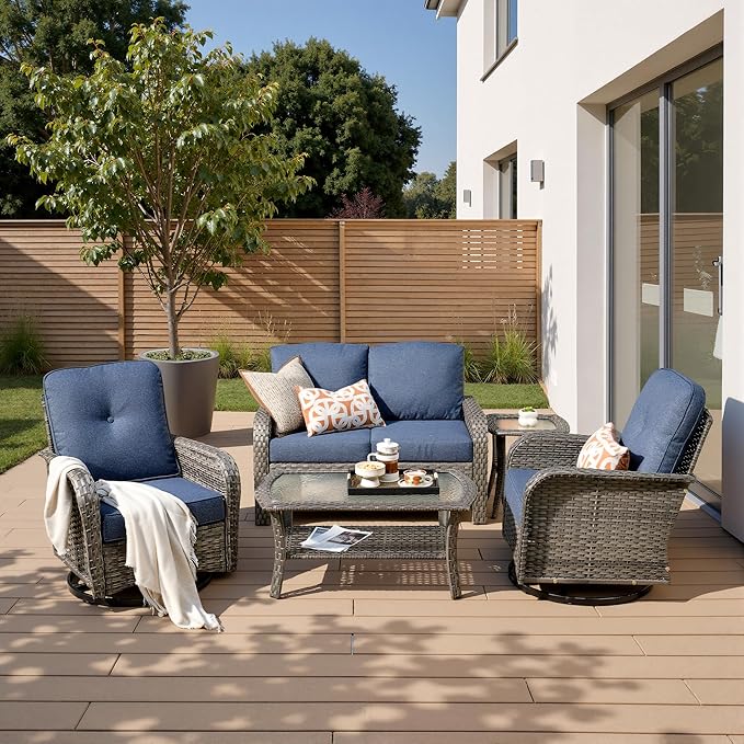 5-Piece Patio Furniture Set, Outdoor Wicker Furniture with Coffee Table, High Back Swivel Rocker Patio Chairs, Modern Rattan Outdoor Chairs Conversation Set for Porch, Balcony, Garden, Denim Blue