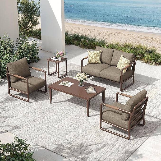 Aluminum Outdoor Patio Furniture Set, 4-Piece Conversation Sofa Set with Coffee Table, Thick Cushions & All-Weather Aluminum Frame, Modern Garden Seating for Backyard, Poolside, or Porch – Brown