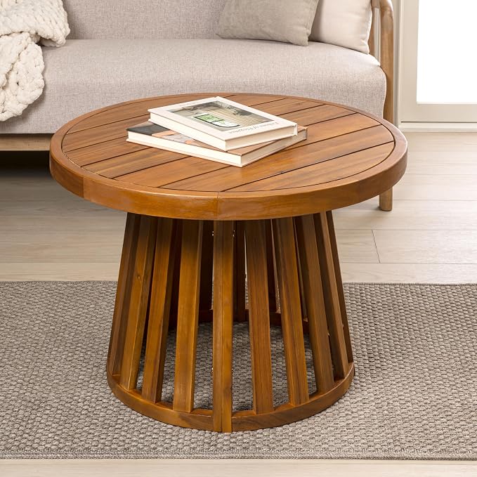 JONATHAN Y Solanya 28" Round Acacia Wood Outdoor Coffee Table with Slatted Tapered Base, Weather-Resistant Solid Wood Center Table for Patio, Garden, Deck, Natural Brown END7000A