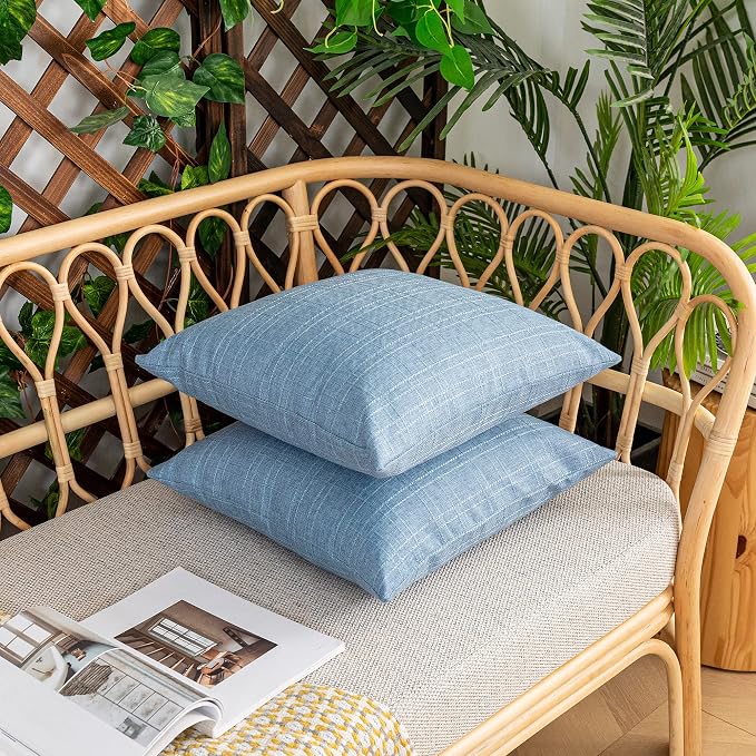 Kevin Textile Outdoor Waterproof 24”x24” Pillow Covers 2 Pack, Light Blue | Water Resistant, Soft Faux Linen-cotton Yarn-dyed Woven Texture Throw Pillow Covers for Tent Patio Garden Couch Sofa