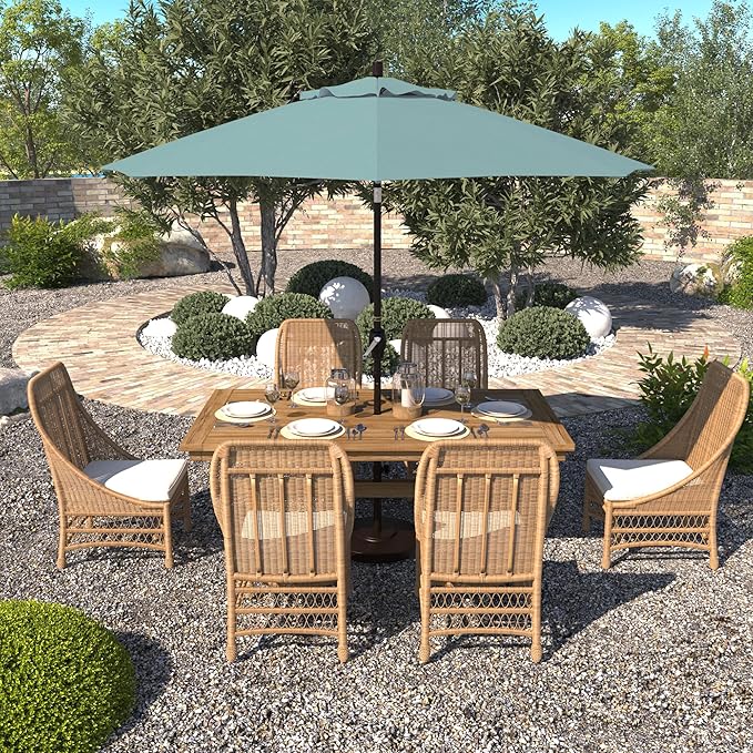 California Umbrella 9' Round Aluminum Market Umbrella, Crank Lift, Push Button Tilt, Bronze Pole