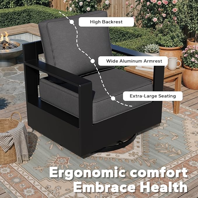 Outdoor Aluminum Furniture Set, 5-Piece Patio Conversation Set, 4 Swivel Chairs, 1 Sofa and 1 Fireplace, All-Weather Metal Frame, 6" Thick Removable Cushions, Deep Setting for Garden, Porch