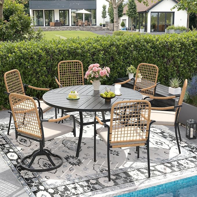 DIFY 7 Pieces Outdoor Dining Set for 6, 53.1" Walnut Round Metal Table with 4 Stackable Wicker Patio Chairs & 2 Swivel Chairs, Patio Furniture Set with Cushions and Umbrella Hole, Wheat Rattan