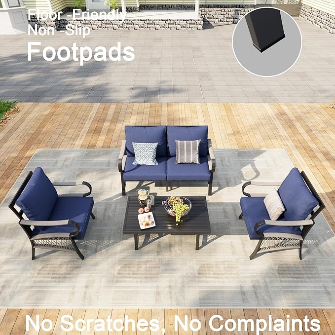 4 Pieces Patio Furniture Set, Metal Outdoor Conversation Sets with Coffee Table, Modern Couch Sofa Set Includes Single Chairs and Loveseat Seating Group (Thick Blue Cushions)