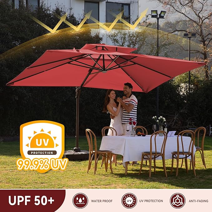 10 X 13 FT Cantilever Outdoor Patio Umbrella with LED Lights Large Heavy Duty 360° Rotation Double Top Offset Rectangular Umbrellas for Backyard Garden Pool Outside Deck, Red
