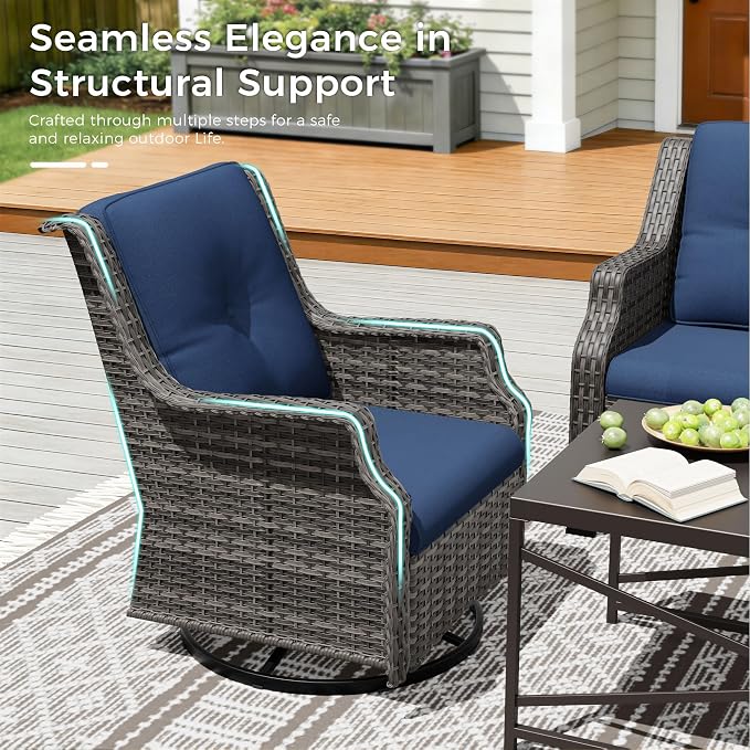 Outdoor Patio Furniture Set, 6 Piece Wicker Patio Furniture with Thick Cushions, Curved Armrest, Deep Seating, Rattan Outdoor Chairs for Porch, Deck, Balcony