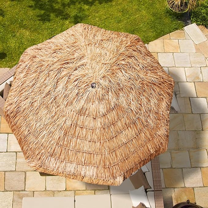 AMMSUN 9ft Hula Thatched Tiki Umbrella Hawaiian Style Beach Patio Umbrella and 8 Ribs with Crank Lift UPF 50+ Outdoor Tiki Bar, Tropical Palapa, Patio Garden Beach Pool Backyard Natural Color