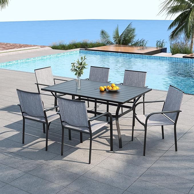 Anmutig 7 Piece Outdoor Dining Set, 60"X38" Rectangular Table with 6 Gray Stackable Patio Chairs, All Weather Furniture Set for Garden