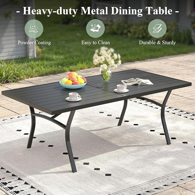 Patio Table and Chairs Set for 6, Outdoor Dining Set with 6 Stackable Dining Chairs and 63.1" x 28" Rectangle Patio Metal Table for Backyard, Deck, Lawn, Garden, Brown & Black