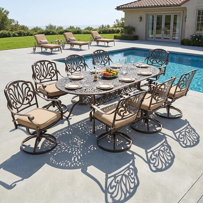 9-Pcs Cast Aluminum Patio Dining Set with 8 Swivel Chairs,Bronze | Outdoor Furniture Set Include 87" Oval Dining Table and 8 Swivel Chairs with Cushions & Umbrella Hole