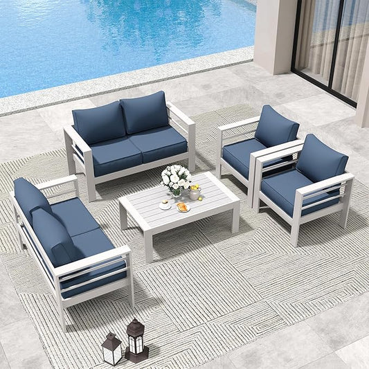 Amopatio Aluminum Patio Furniture Set, 7 Pieces Modern Patio Conversation Sets, Outdoor Sectional Metal Sofa with Coffee Table for Balcony, Garden, White&Blue (Included Waterproof Covers)