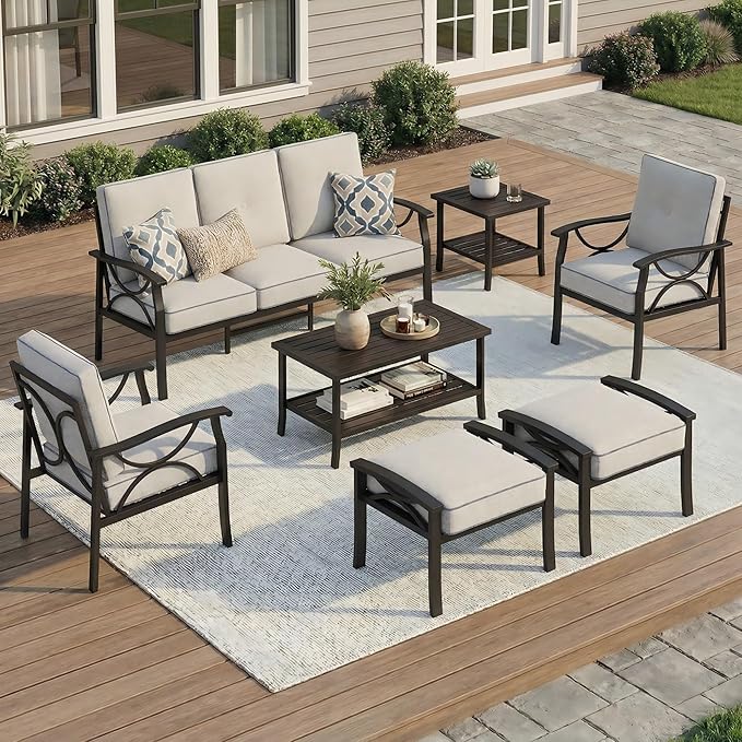 RoyalCraft 7-Pieces Outdoor Patio Furniture Set, Outdoor Metal Sectional Furniture with Cushions, Outdoor Conversation Seating Set with Coffee Table for Balcony, Backyard, Garden, Deck, Black