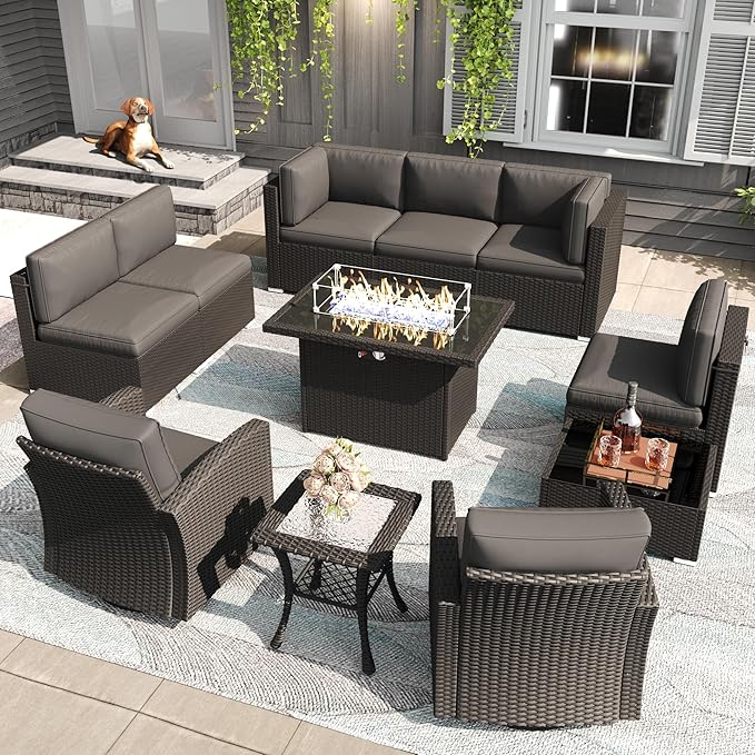 LayinSun 11 Pieces Patio Furniture Set with Fire Pit Table, Black Rattan Modular Sectional Outdoor Conversation Sofa Set, Swivel Rocking Chairs Set