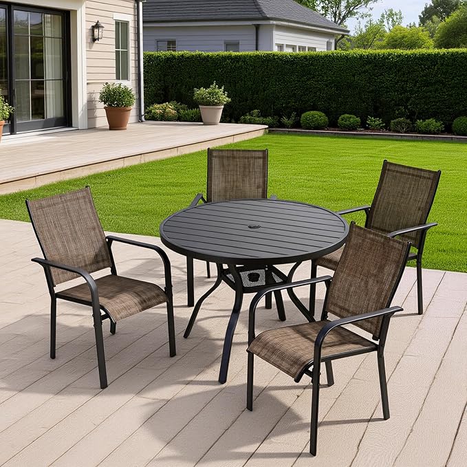 41" Round Outdoor Dining Table for 4 Person, Metal Patio Dining Table with Adjustable Umbrella Hole, Partitioned Storage Shelf for Garden, Backyard and Porch, Black