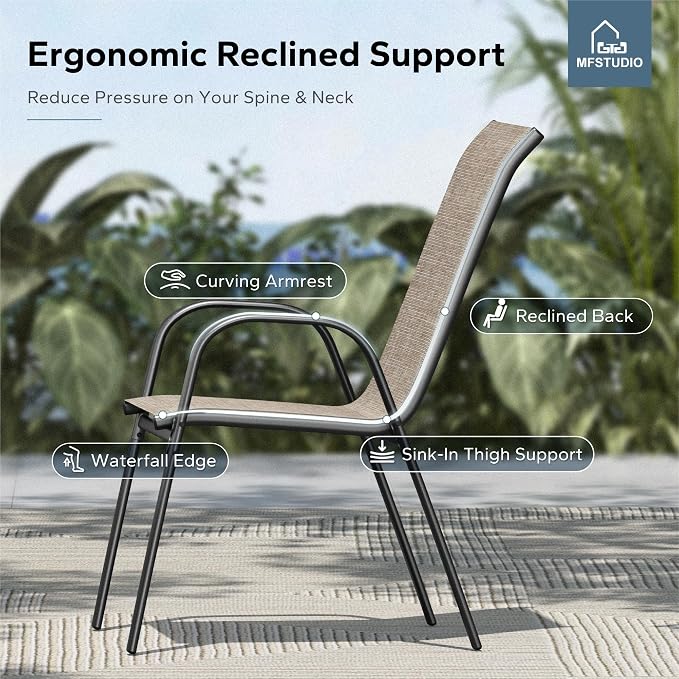 MFSTUDIO Patio Table and Chairs Set of 4, Outdoor Dining Set with Umbrella Hole, 5 Piece Patio Dining Set with Stackable Chairs