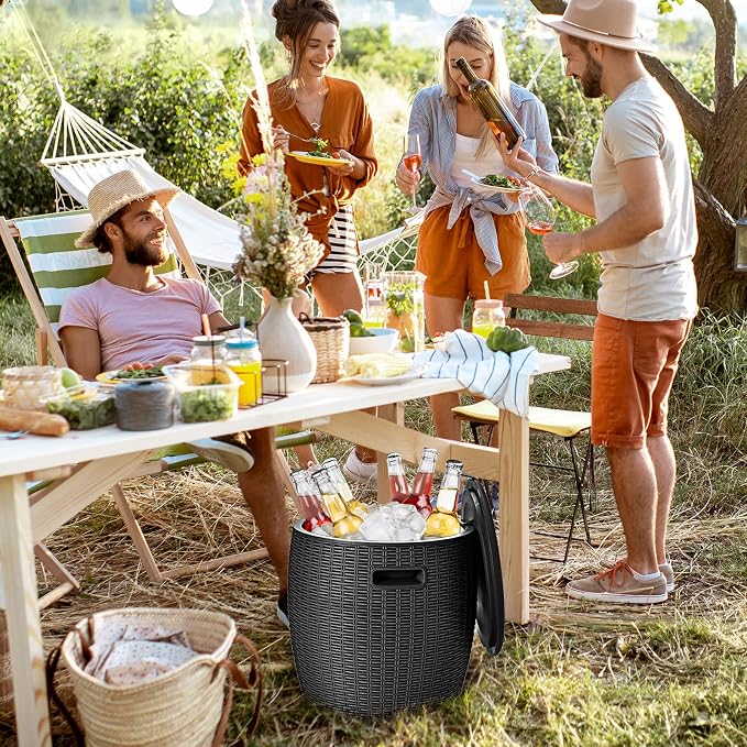 TANGZON 45L Ice Bucket Table, Rattan Effect Drinks Cooler with Lid & Side Handles, Outdoor Cocktail Table for Garden Patio Party and Pool (Black)