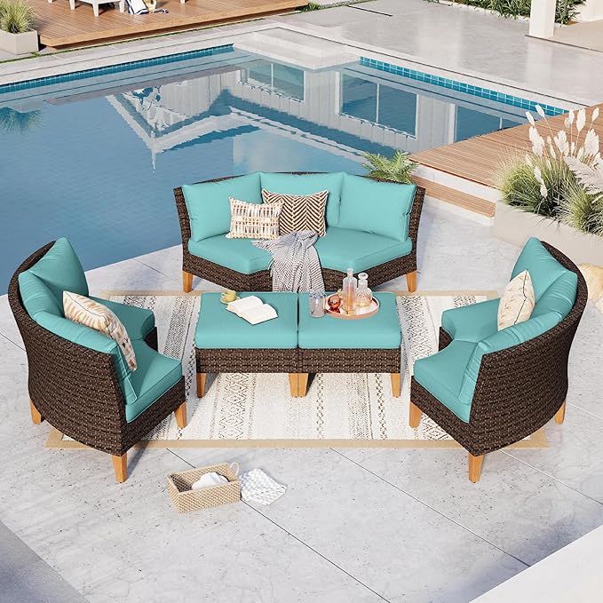 GREEN PARTY 8 Pieces Wicker Patio Furniture Set, All-Weather Outdoor Rattan Half-Moon Curved Patio Sectional Sofa Conversation Set with 4" Thick Cushions for Garden, Backyard, 2 x Ottomans (Blue)