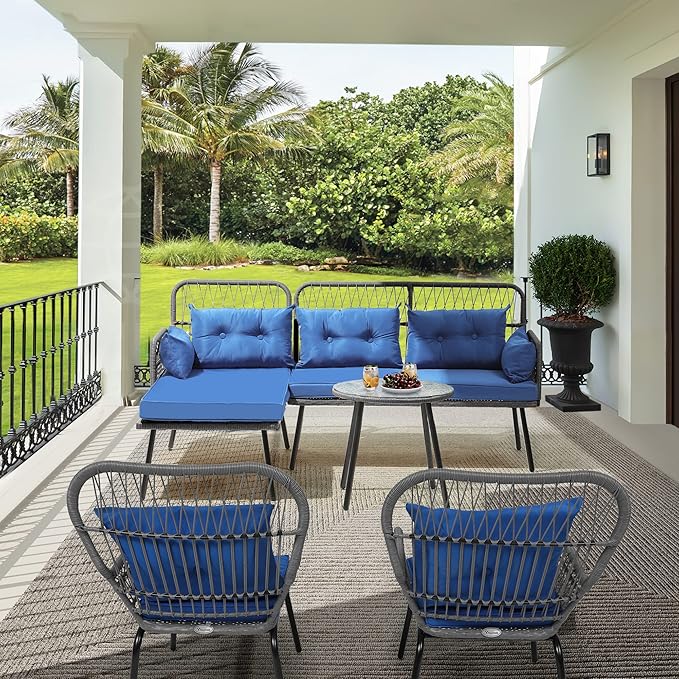 YITAHOME Patio Furniture L-Shaped Coversation Sectional Outdoor Sofa Set for Backyard, Porch with Thick Cushions Detachable Lounger, Side Table (Gray+Navy Blue)
