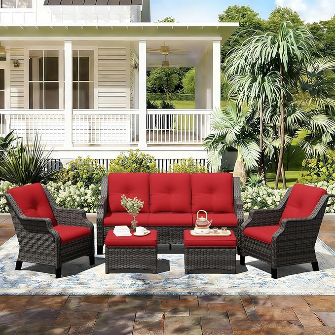 Outdoor Patio Furniture Set, 5 Piece Wicker Patio Furniture with Thick Cushions, Curved Armrest, Deep Seating, Rattan Outdoor Chairs for Porch, Deck, Balcony