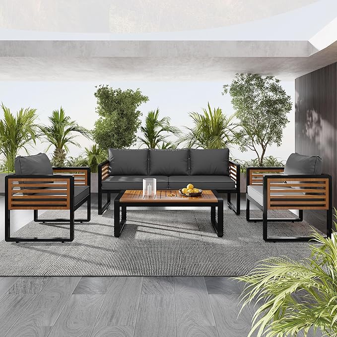 SOFTSEA 4-Piece Patio Acacia Wood Sofa Set, Outdoor Conversation Set with Heavy Duty Metal Frame & All Weather Cushions, Acacia Wood Sofa Set with Coffee Table for Balcony, Poolside, Grey