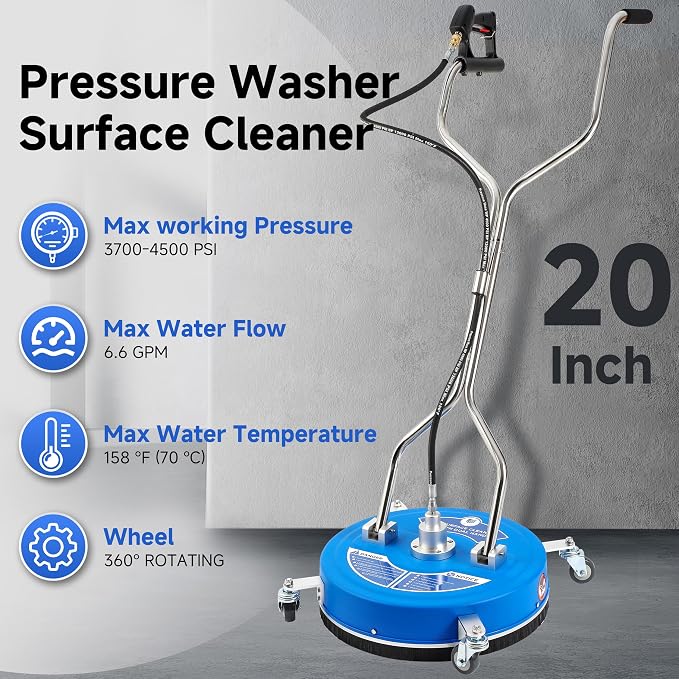 RIDGE WASHER 20’’ Pressure Washer Surface Cleaner, 4500 PSI Surface Cleaner with Dual Handle, Power Washer Surface Cleaner Attachment with Wheels for Cleaning Driveways, Sidewalks, Patios