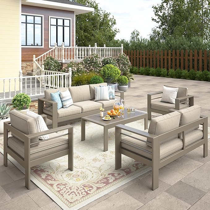 Wisteria Lane 5-Piece Outdoor Patio Furniture Set, Outdoor Sectional Furniture with Upgraded Cushions, Outdoor Conversation Seating Set for Balcony, Garden, Deck, Backyard, Khaki