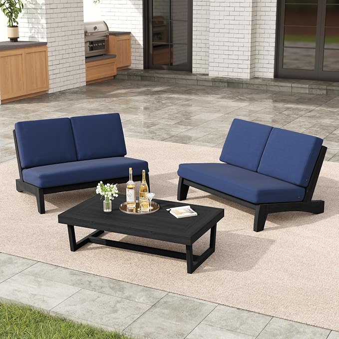 3 Pieces Patio Furniture Sets, All-Weather Outdoor Wood Bistro Set Patio Conversation Coffee Table Chiars and Patio Loveseat for Balcony, Backyard