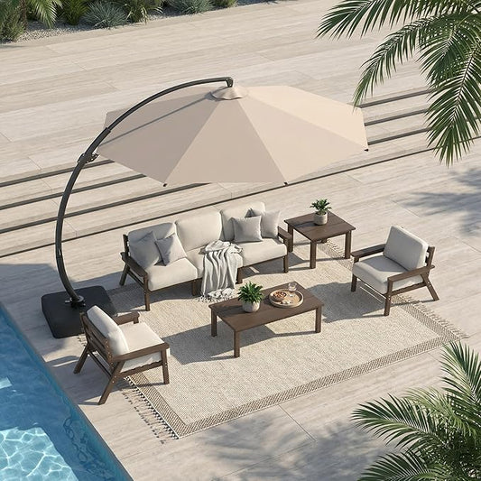 7 Piece Patio Conversation Sets, Outdoor Couch with Washable Thick Beige Cushions, HDPE Patio Furniture Set with 12FT Umbrella, Outdoor Sectional Furniture for Backyard (Brown Frame)