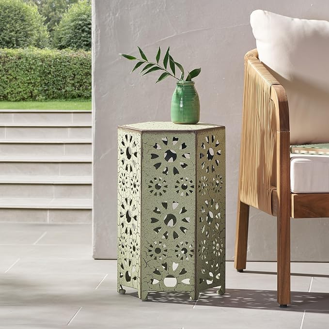 12" Outdoor Side Table, Metal Side Table, Multi Functional Decorative Cutout, Coffee Table, Night Stand, Plant Stand for Patio, Garden, Backyard, Gazebo Indoor (Green)
