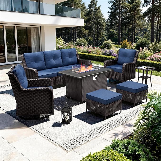 7-Piece Patio Furniture Set,Outdoor Conversation Sets w/Fire Pit Table&High Back Wicker Swivel Rocker Chairs,All-Weather Wicker Sectional Sofa for Deck,Yard and Poolside,Navy Blue