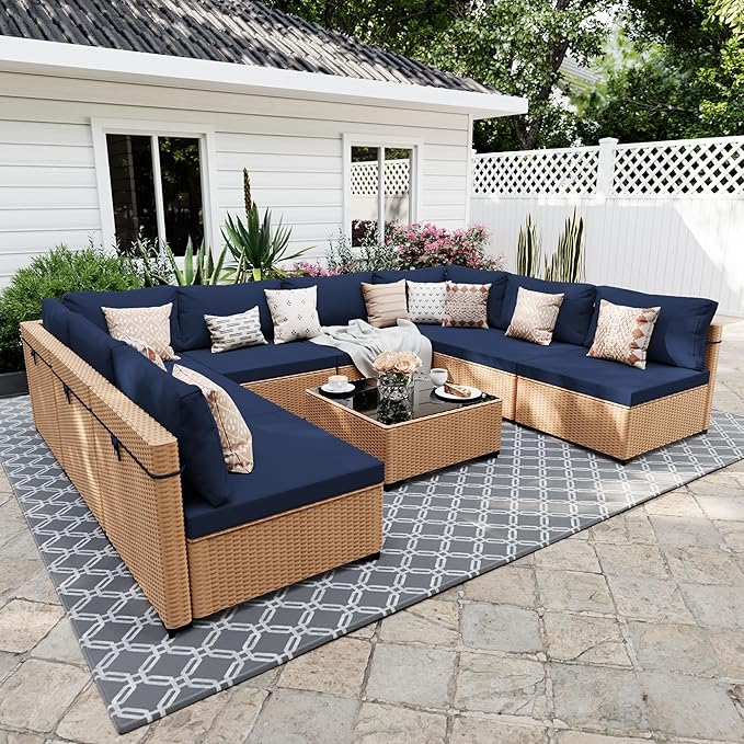 UPHA 9 Pieces Patio Furniture Sets, Wicker Outdoor Sectional Sofa Couch with Coffee Table, Patio Conversation Set for Deck Backyard Garden, Beige Rattan, Navy Blue Cushion