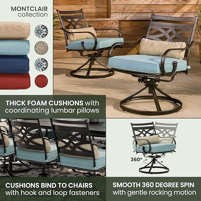 Hanover Montclair 11-Piece Patio Dining Set with 10 Swivel Rocker Chairs, Accent Lumbar Pillows and 84"x60" Steel Stamped Rectangular Table, Large Outdoor Patio Dining Set for 10, Ocean Blue