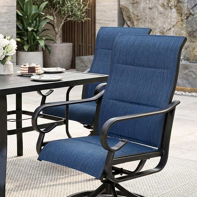 NUU GARDEN 5-Piece Breathable Textilene Outdoor Dining Set, Slatted Outdoor Table and Chairs with Swivel Base, All Weather Patio Furniture Set with Umbrella Hole for Backyard, Garden, Blue