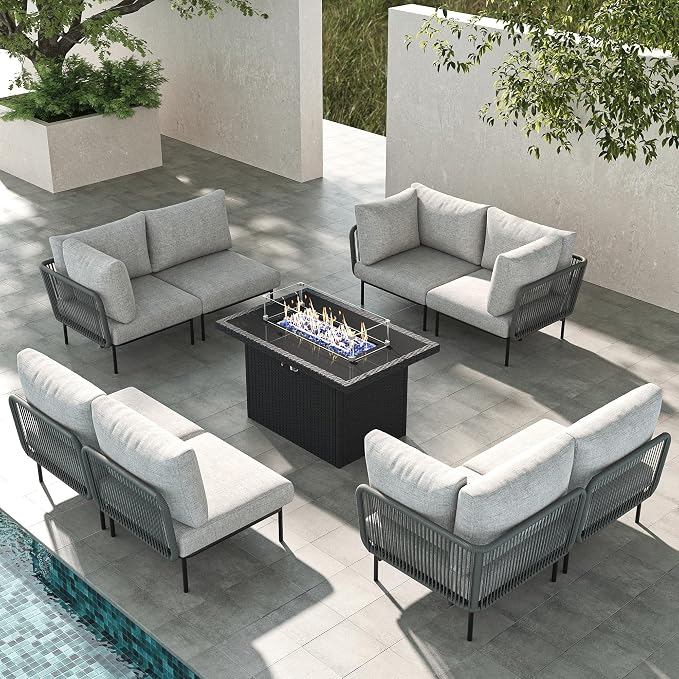 LayinSun 9 Pieces Aluminum Patio Furniture Set, Modern Modular Sectional Sofa with Fire Pit Table and Upgrade Thickness Cushion