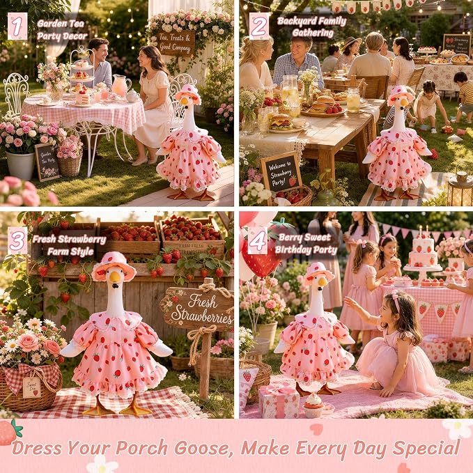 Cute Strawberry Porch Goose Outfits, 23” Porch Goose Summer Outfit | Goose Clothes with Dress and Hat for Outdoor Garden, Lawn, Yard, Patio Decor
